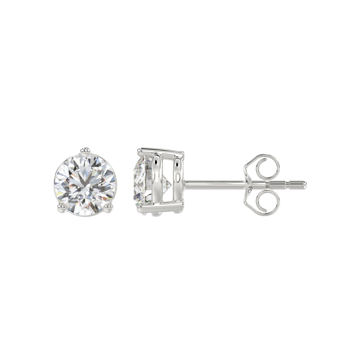 3 Prong Basket Pushback Stud Earrings - 14K White Gold - 2ct - Lab Grown