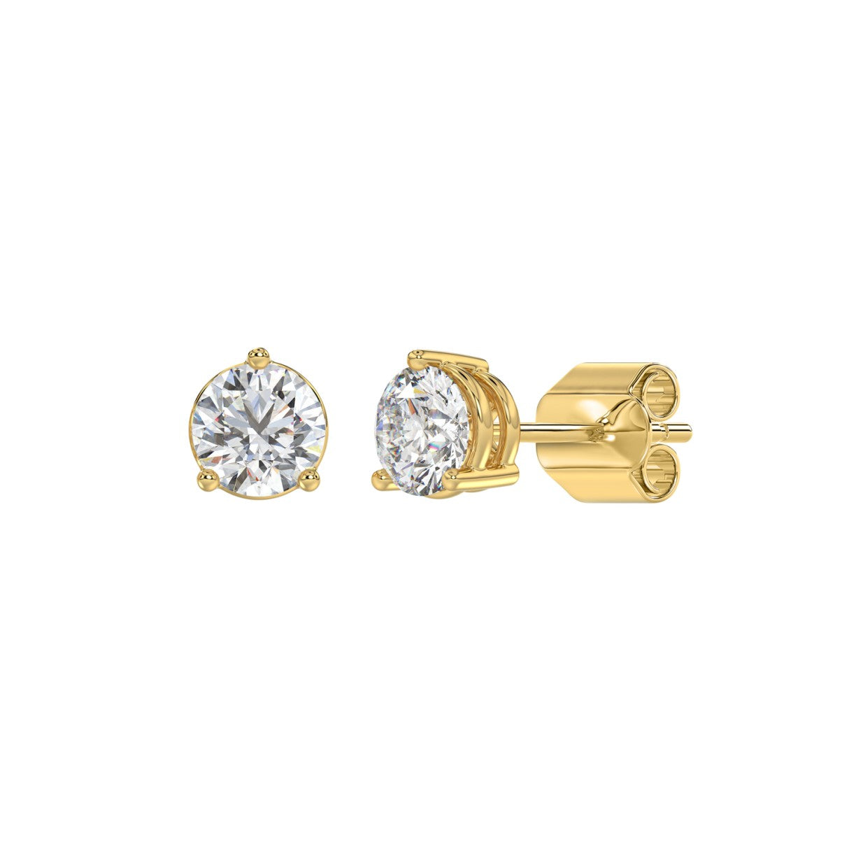 3 Prong Basket Pushback Stud Earrings - 14K Yellow Gold - 1.5ct - Lab Grown
