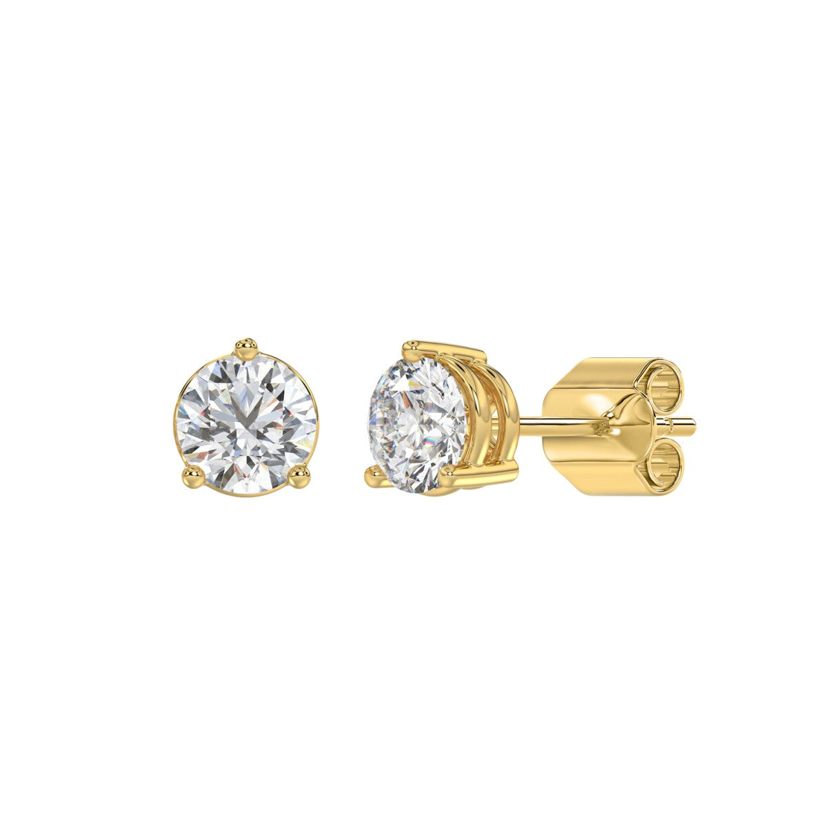 3 Prong Basket Pushback Stud Earrings - 14K Yellow Gold - 2ct - Lab Grown
