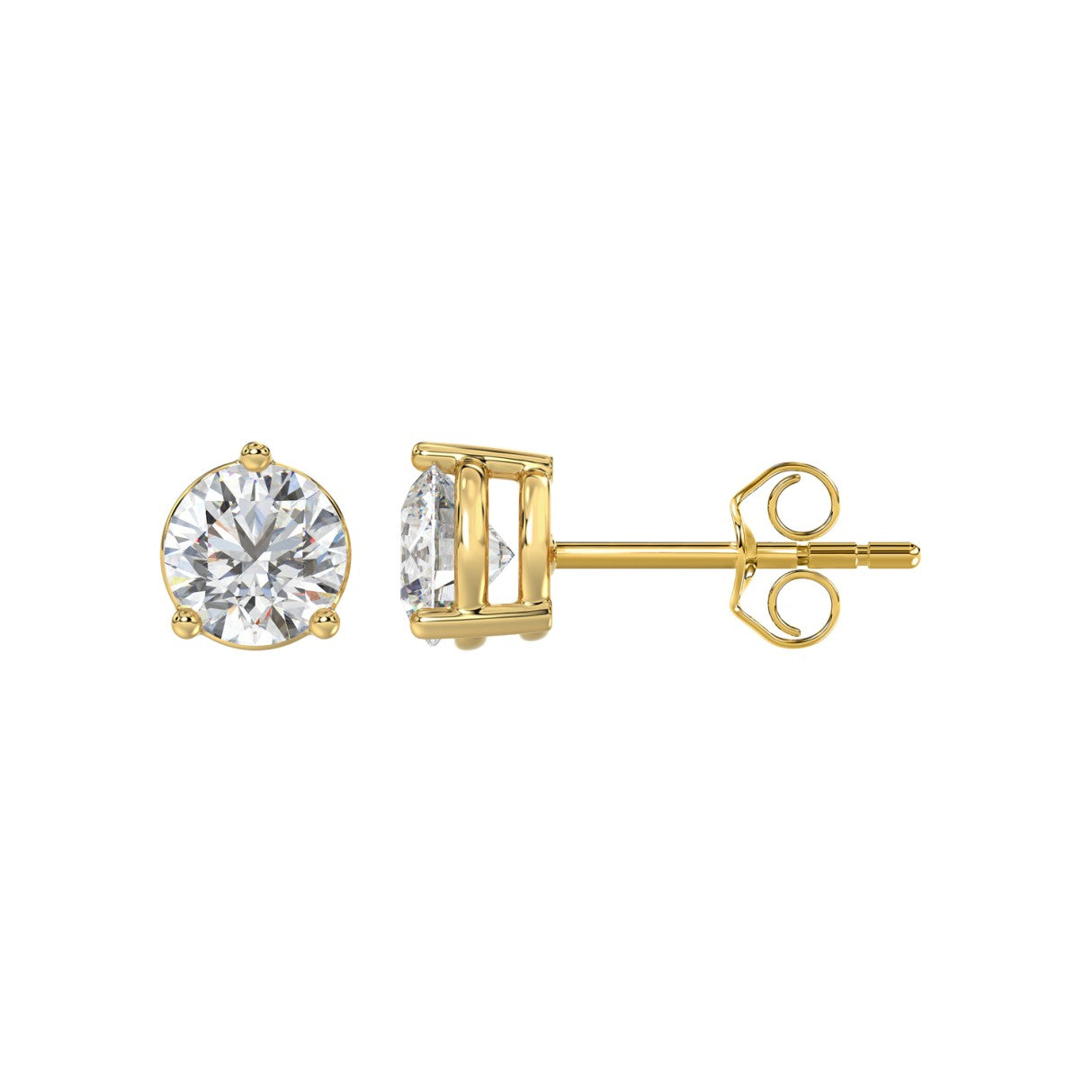 3 Prong Basket Pushback Stud Earrings - 14K Yellow Gold - 2ct - Lab Grown