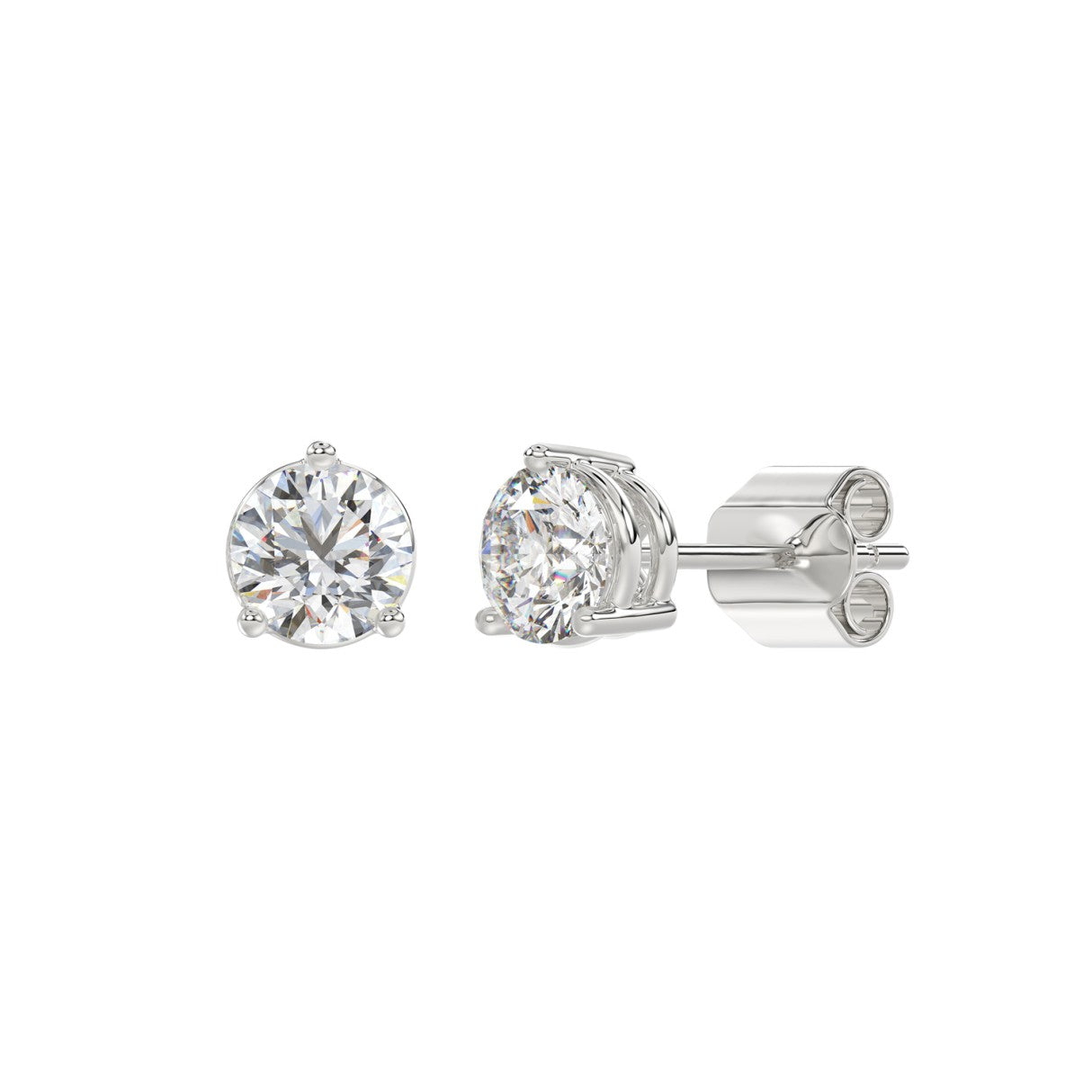 3 Prong Basket Pushback Stud Earrings - 14K White Gold - 2ct - Lab Grown