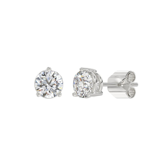 3 Prong Basket Pushback Stud Earrings - 14K White Gold - 2ct - Lab Grown