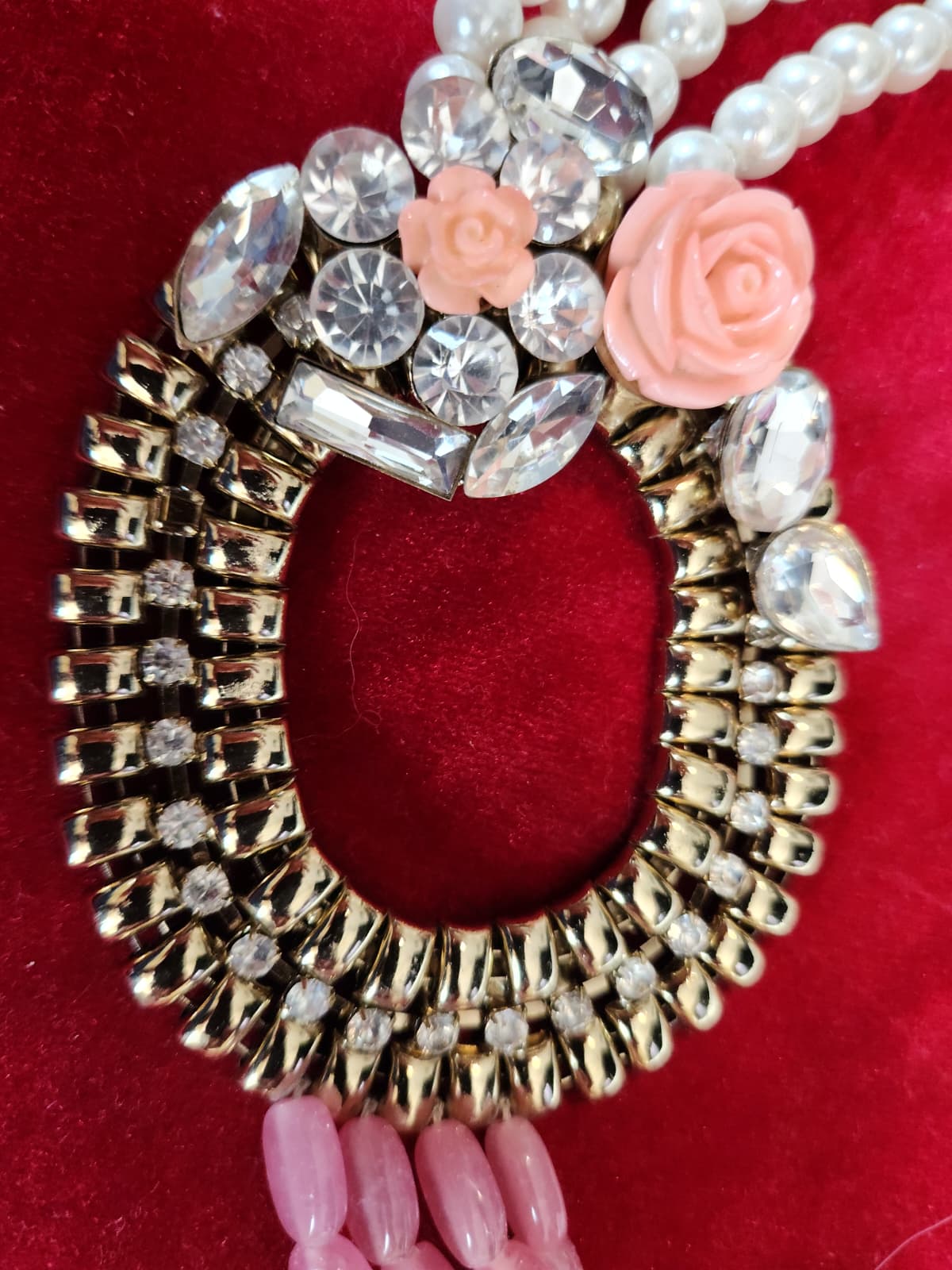 Multi-Strand Pearl Style Statement Necklace – Pink Beads & Crystal Floral Design