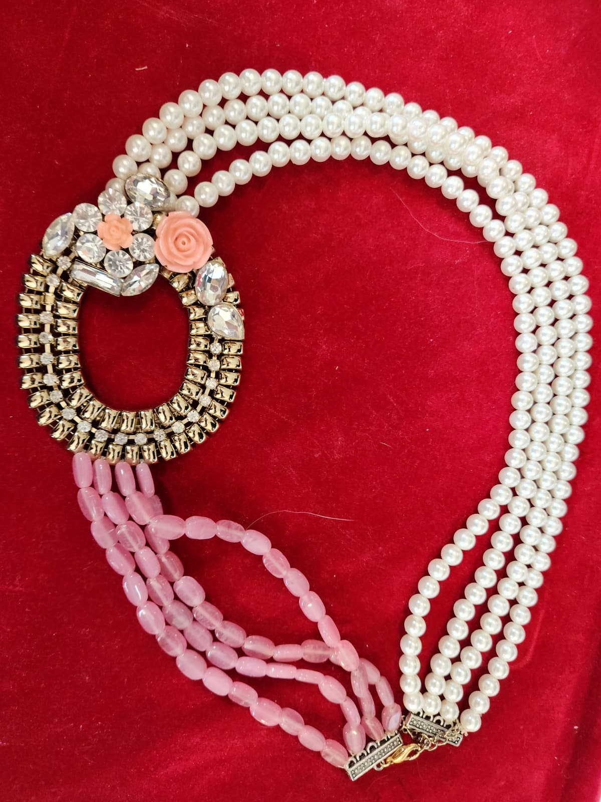 Multi-Strand Pearl Style Statement Necklace – Pink Beads & Crystal Floral Design