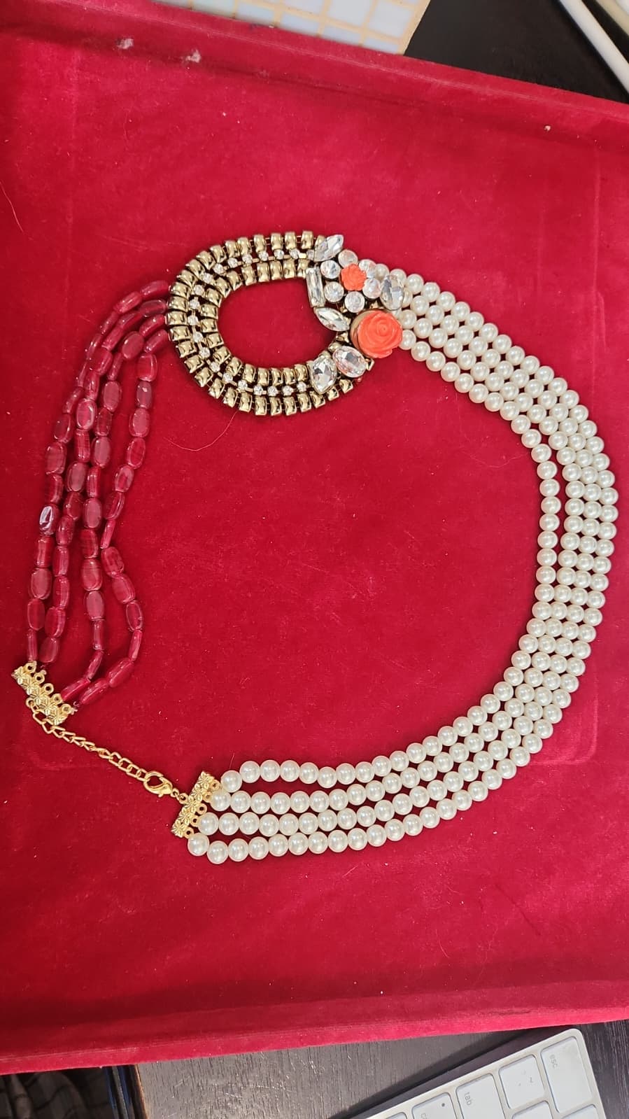 Asymmetric Multi-Strand Statement Necklace – Pearls, Red Nuggets & Crystal Bib