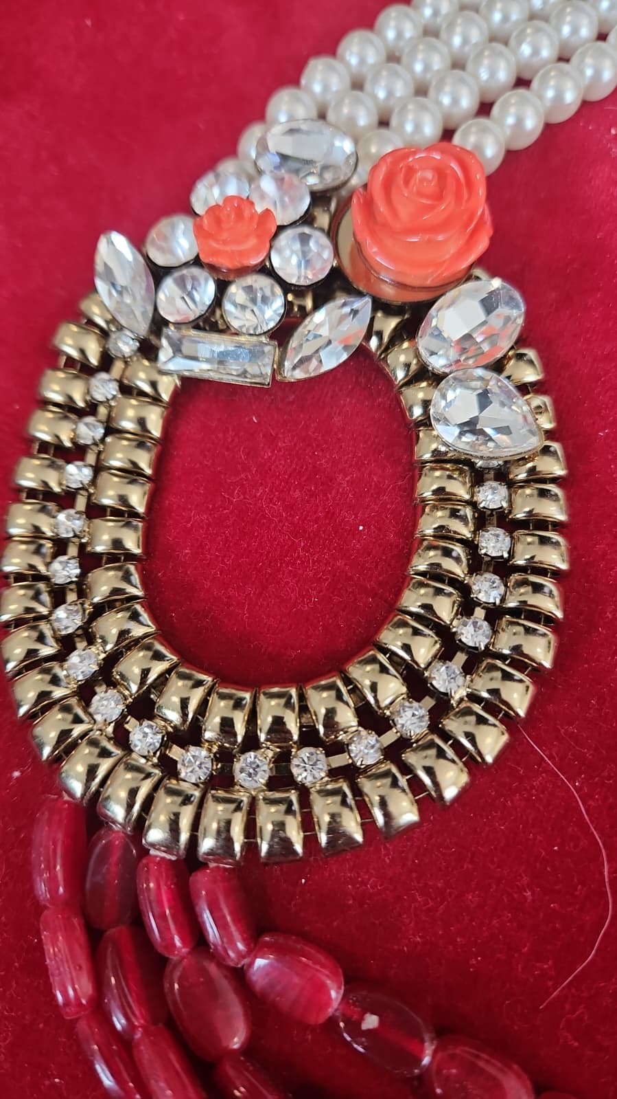 Asymmetric Multi-Strand Statement Necklace – Pearls, Red Nuggets & Crystal Bib